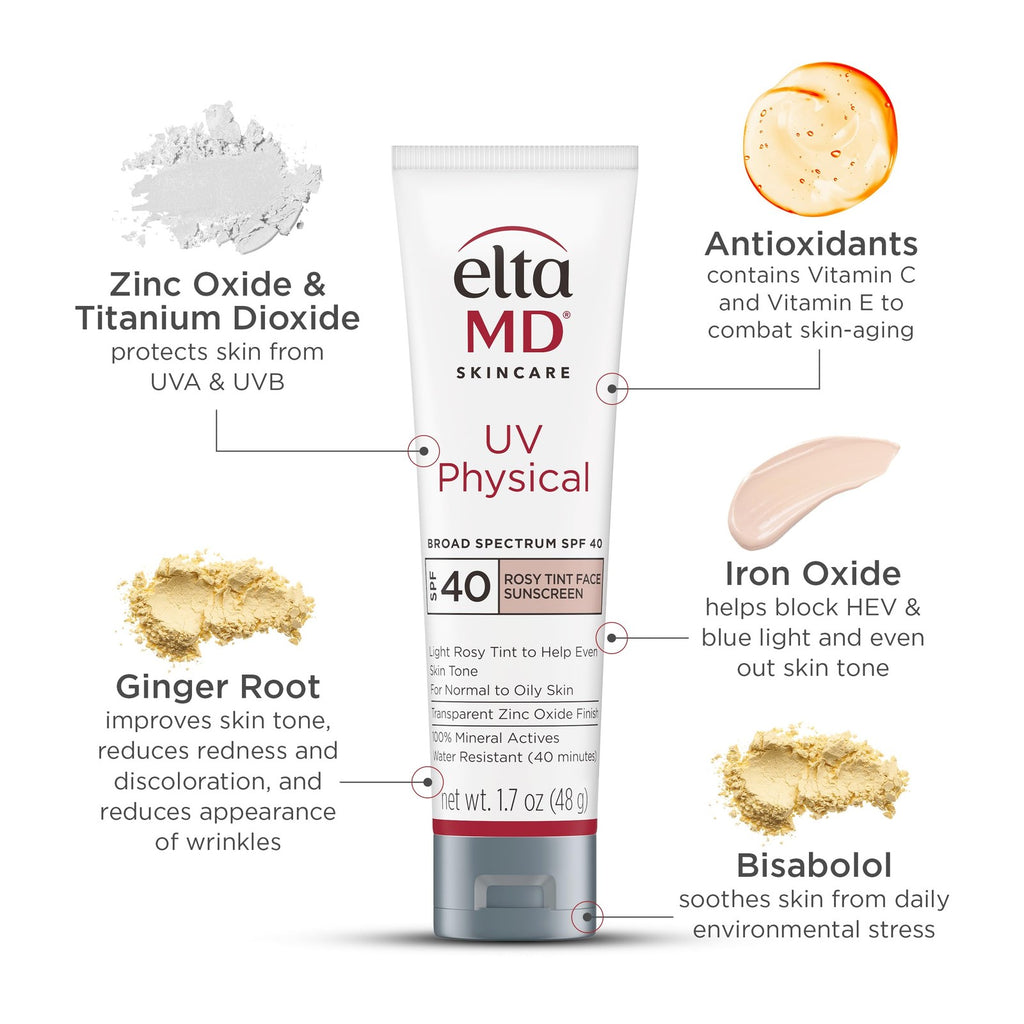 EltaMD UV Physical Rosy Tint SPF 40 Mineral Sunscreen 1.7oz - Water Resistant, Non-Comedogenic, Blurs Imperfections