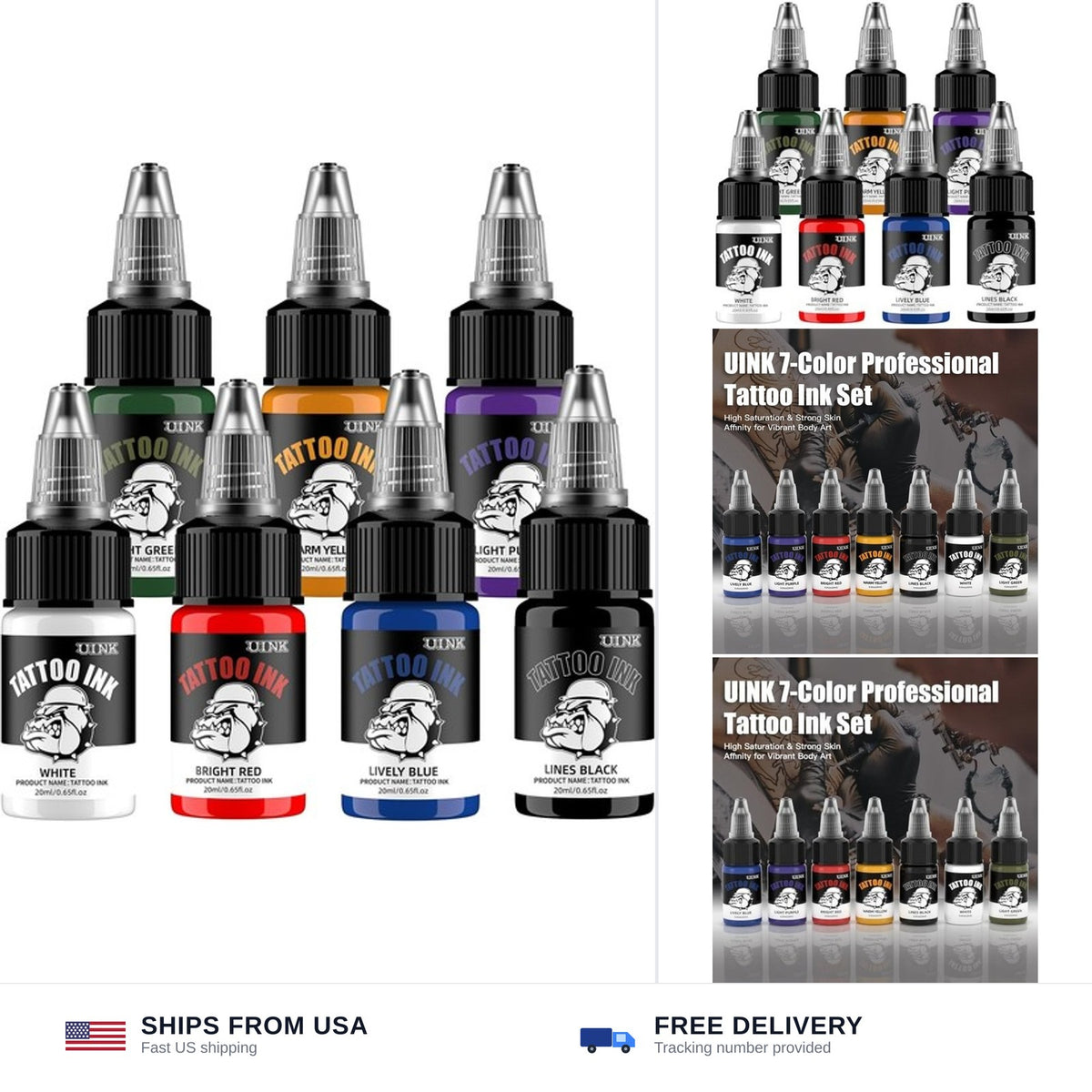 Tattoo Ink Set 7 Colors 0.65oz/20ml Long Lasting Body Art Inks