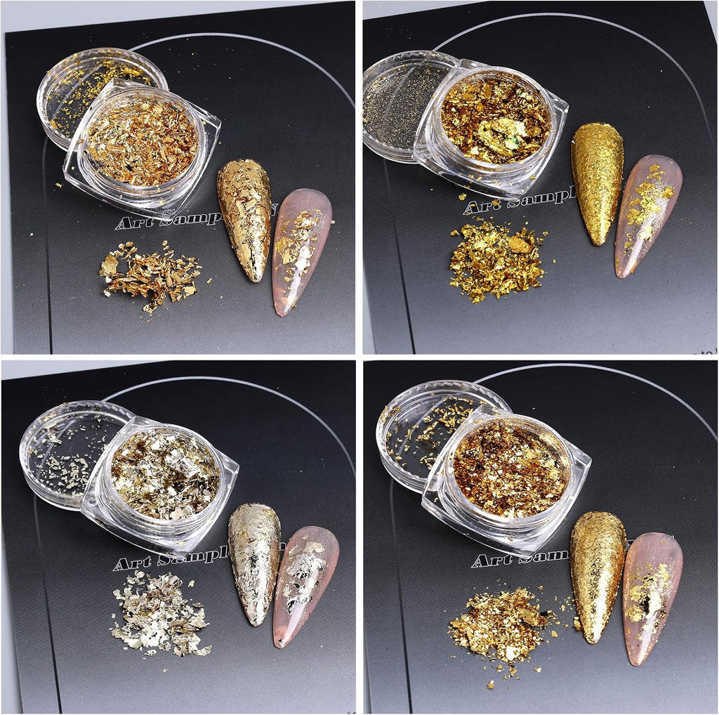 Gold Flakes Nail Glitter Foils Set - Metallic Gold Silver Black Rose Gold for Nail Art