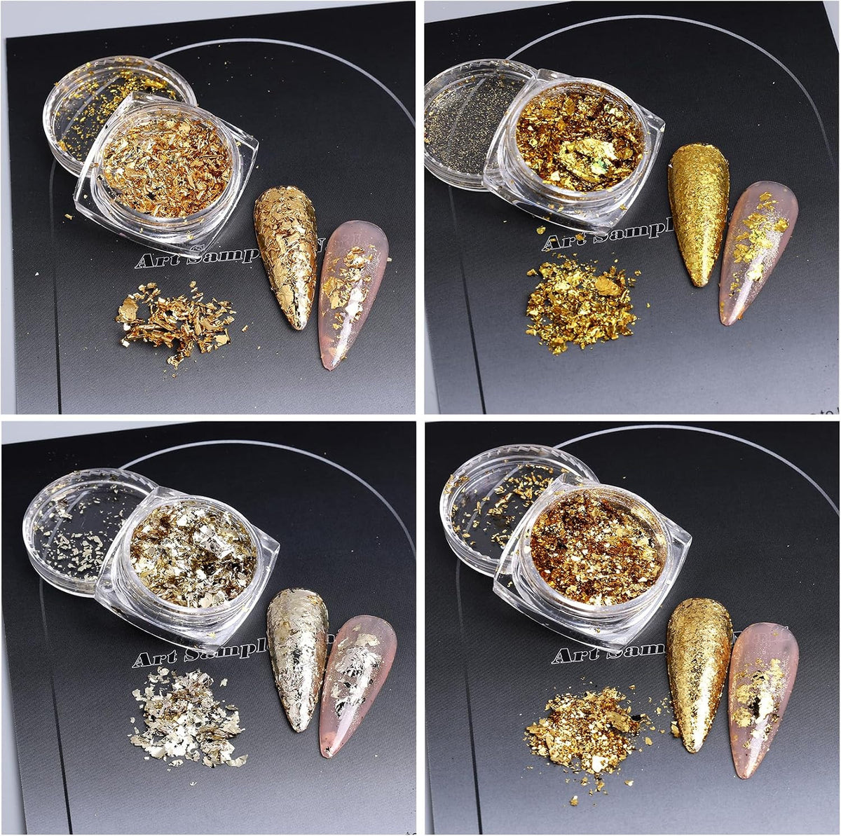 Gold Flakes Nail Glitter Foils Set - Metallic Gold Silver Black Rose Gold for Nail Art