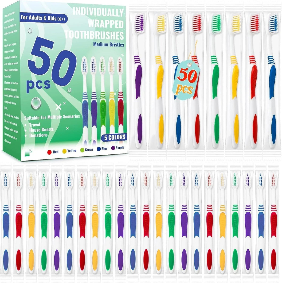 50 Pack Disposable Travel Toothbrushes with Pre-Applied Toothpaste Soft Bristles