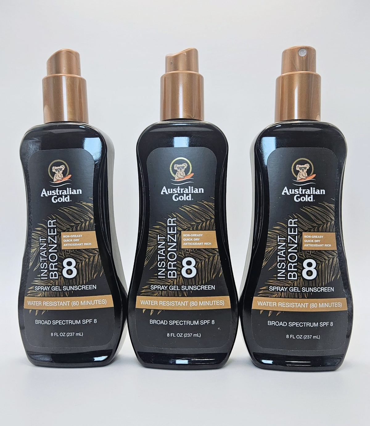 3-Pack Australian Gold SPF 8 Instant Bronzer Sunscreen Spray Gel 8 fl oz