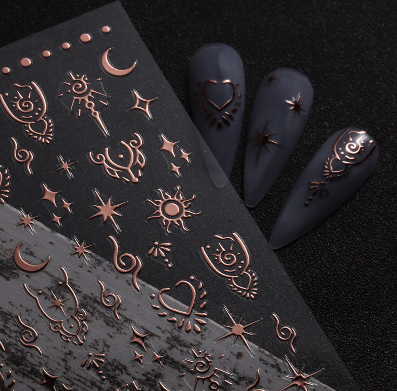 Retro Star Moon Metallic Nail Stickers - Gold Silver Laser 3D Nail Art