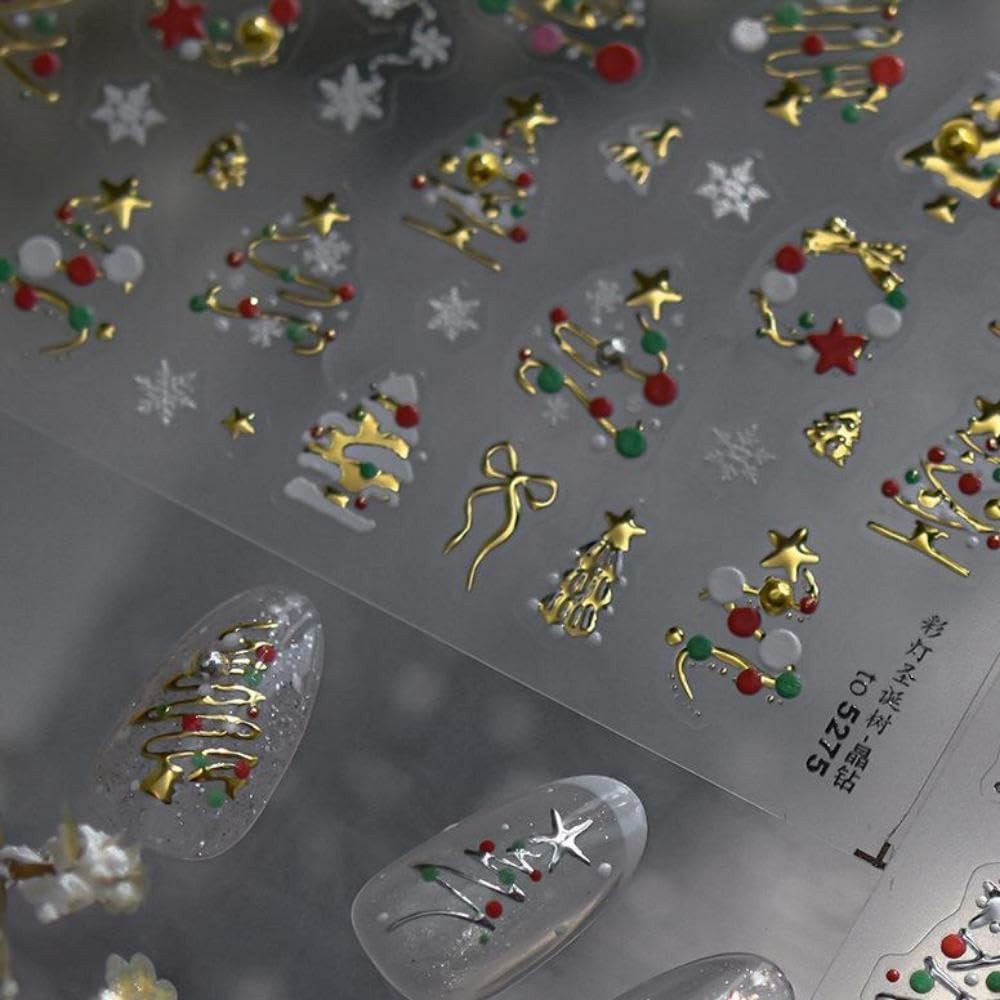 Christmas Tree Nail Stickers Gold Nail Art Decals with Pearls - Festive Holiday Manicure