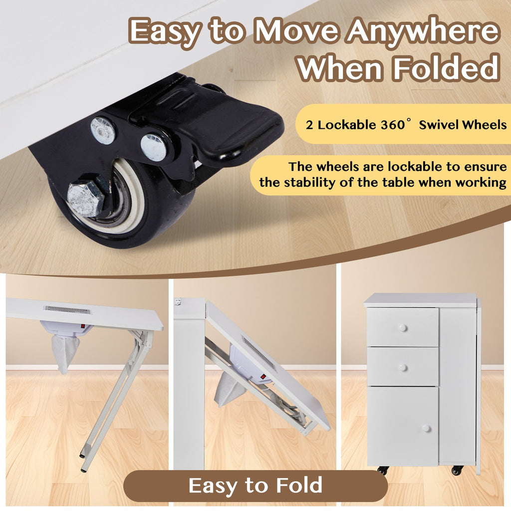 Foldable Manicure Table with Lockable Wheels & Built-in Storage