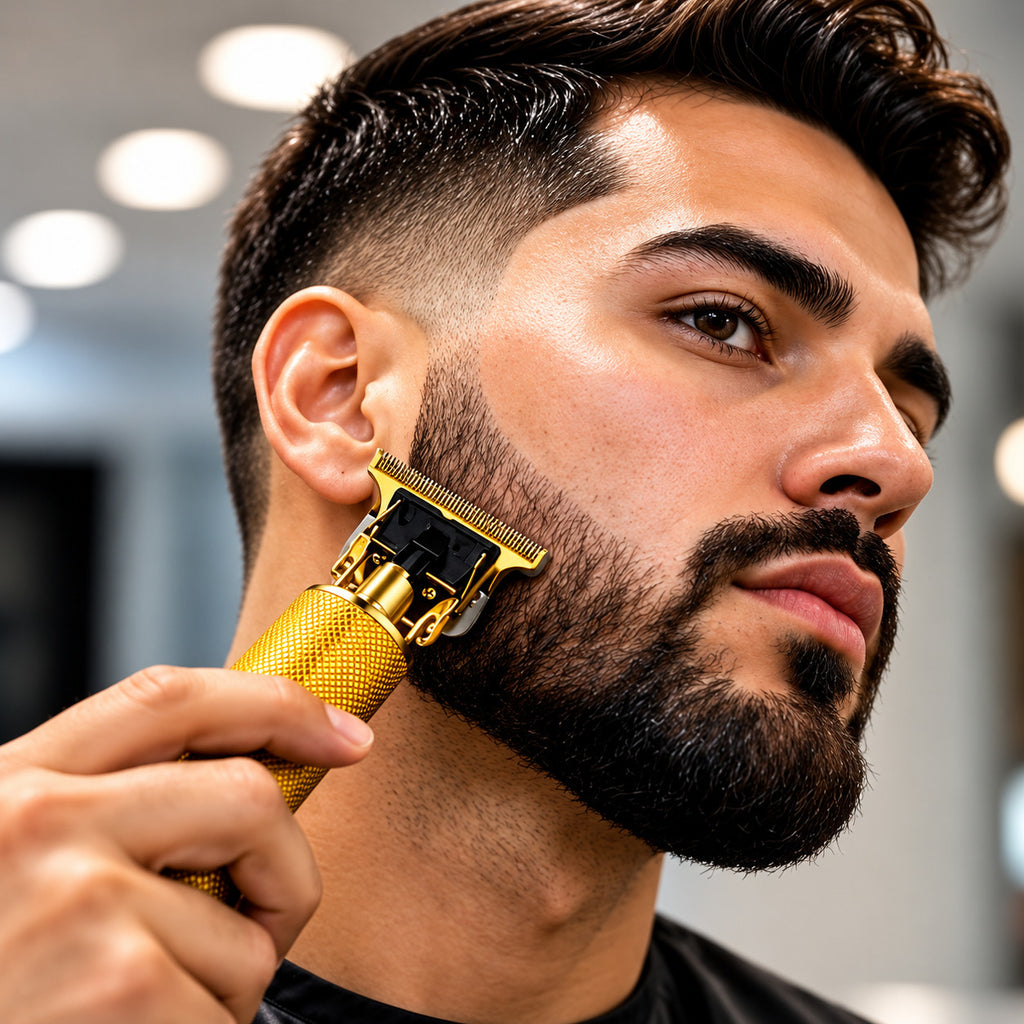 Cordless Beard Trimmer with T-Blade and Gold Finish - USB Rechargeable Men’s Grooming
