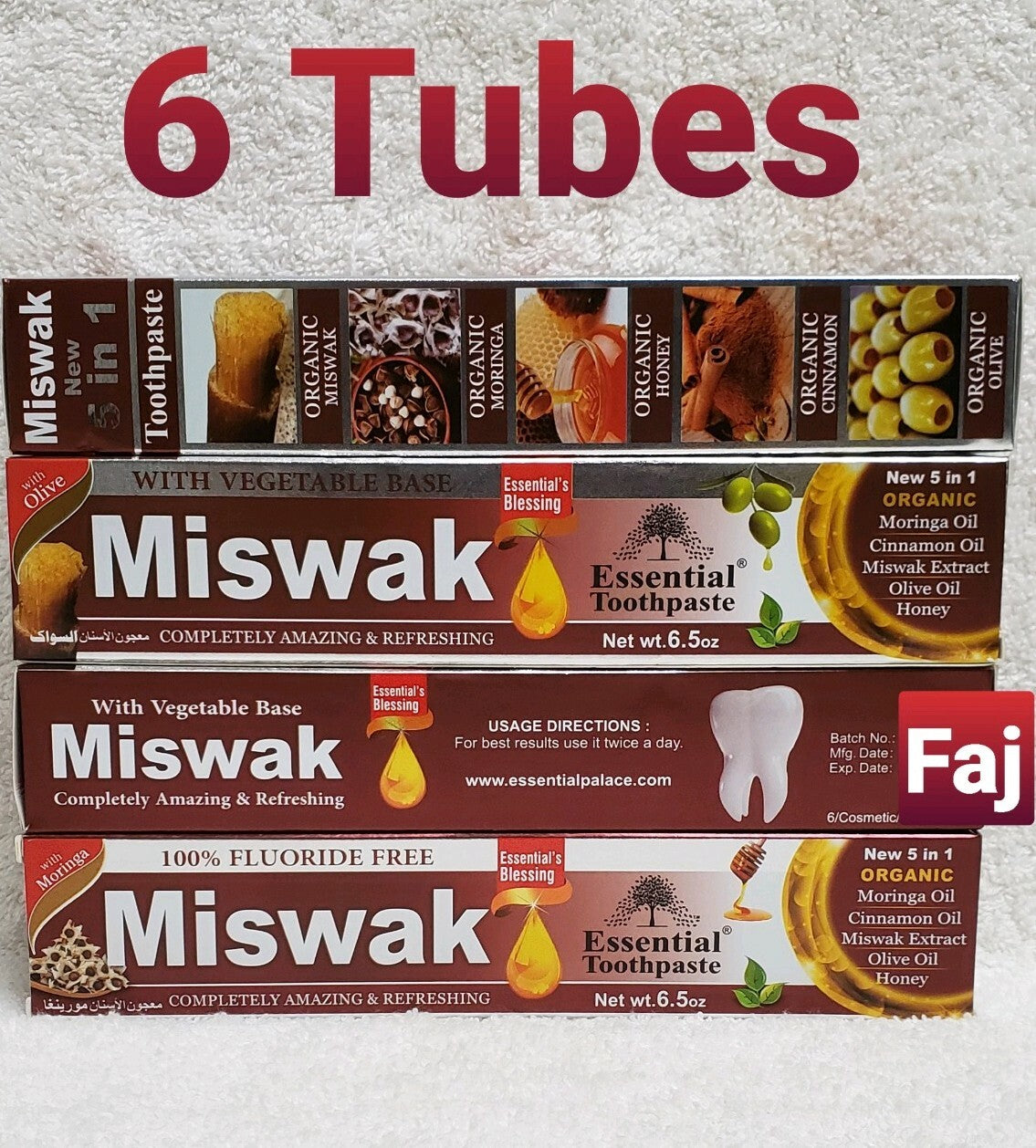 Natural Miswak Toothpaste 6 Pack - Fluoride-Free 5 in 1 Oral Care with Herbal Oils