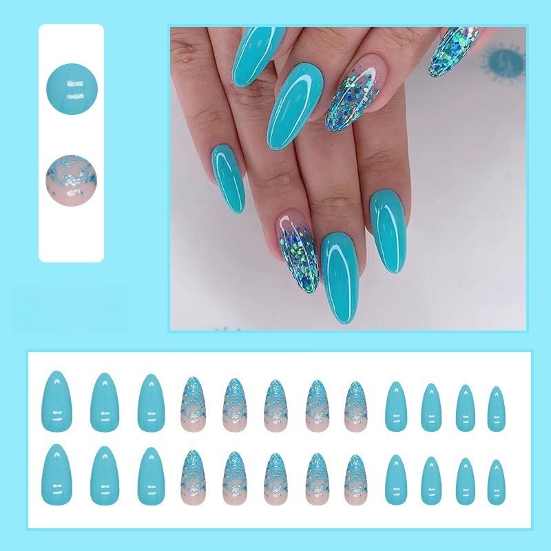 72PCS Summer Vibe Press-On Nails Almond Style with Turquoise & Glitter