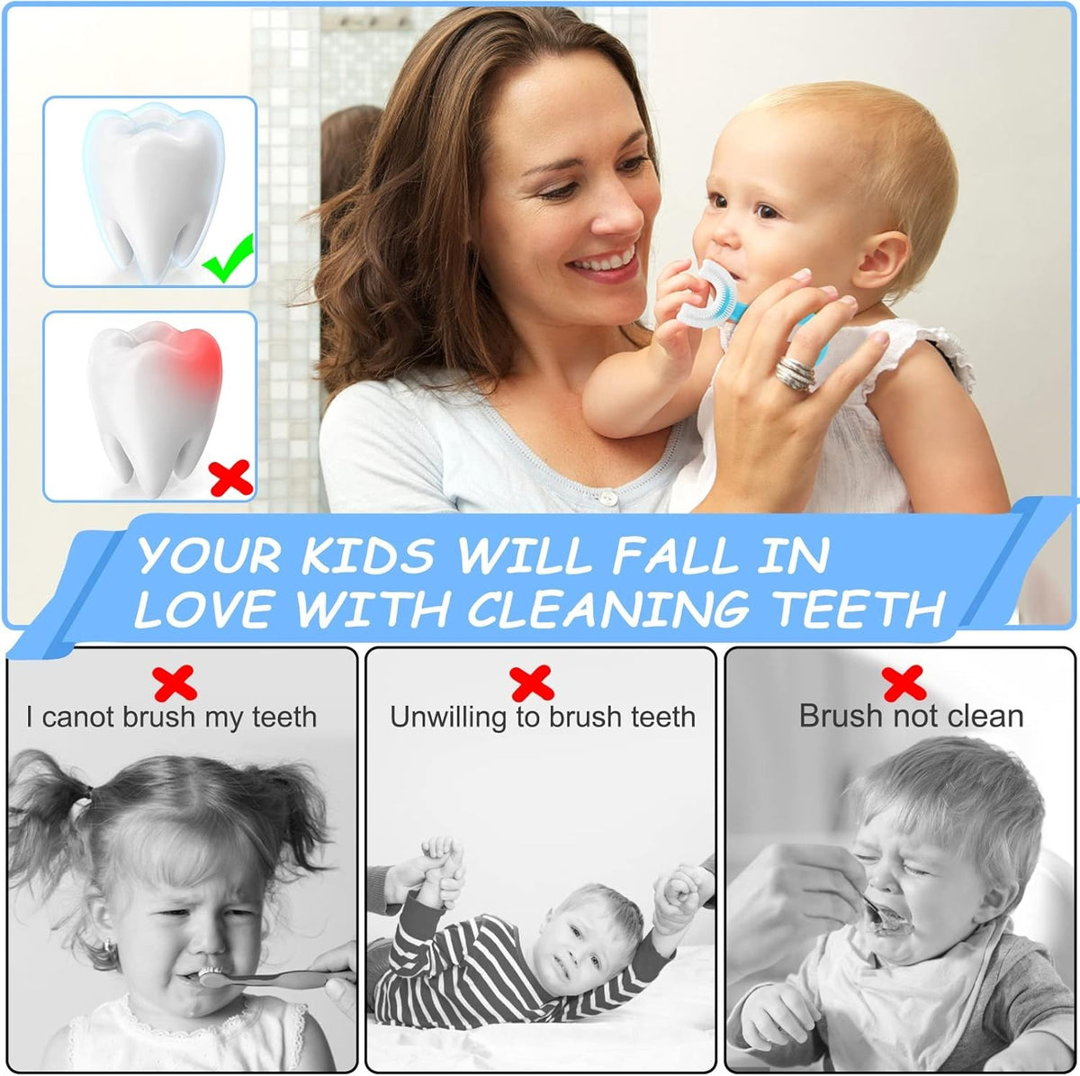 Kids U-Shaped Silicone Toothbrush 4 Pack - Gentle 360° Oral Cleaner