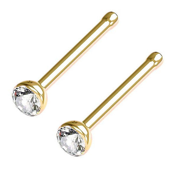 Gold Titanium 2mm Nose Studs Set - 20g Press-Fit Clear CZ Gems