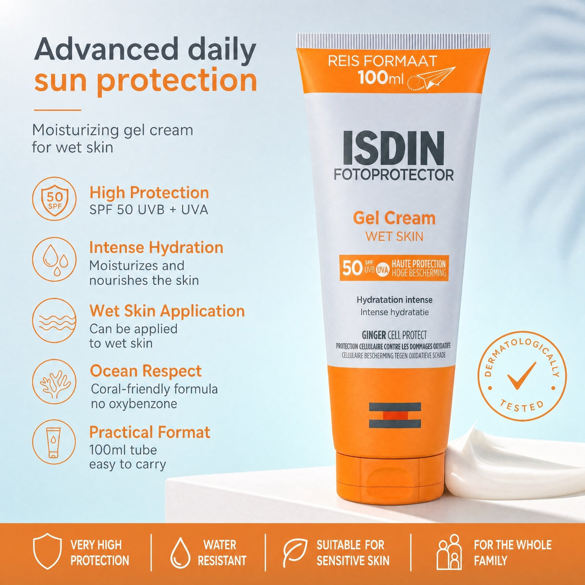 SPF 50+ Waterproof Gel Cream Sunscreen for Wet & Dry Skin 100ml
