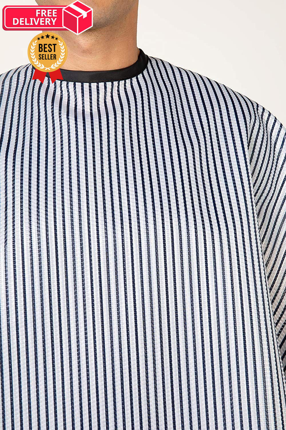 Seersucker Barber Cape with Stripe Pattern - 45x54 Inch, Black and White