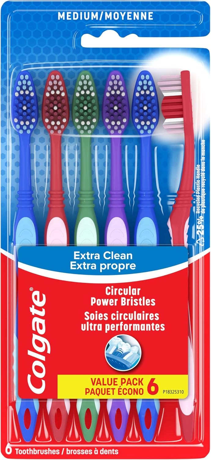 Colgate Extra Clean Medium Toothbrushes 6 Pack Multi-Colored | Deep Cleaning Oral Care