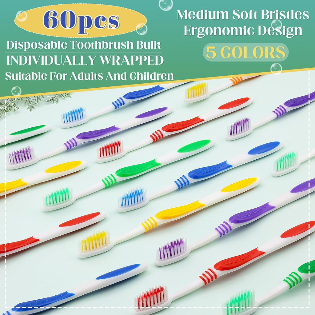 Disposable Travel Toothbrushes Bulk Pack - 60 Individually Wrapped Hygiene Brushes