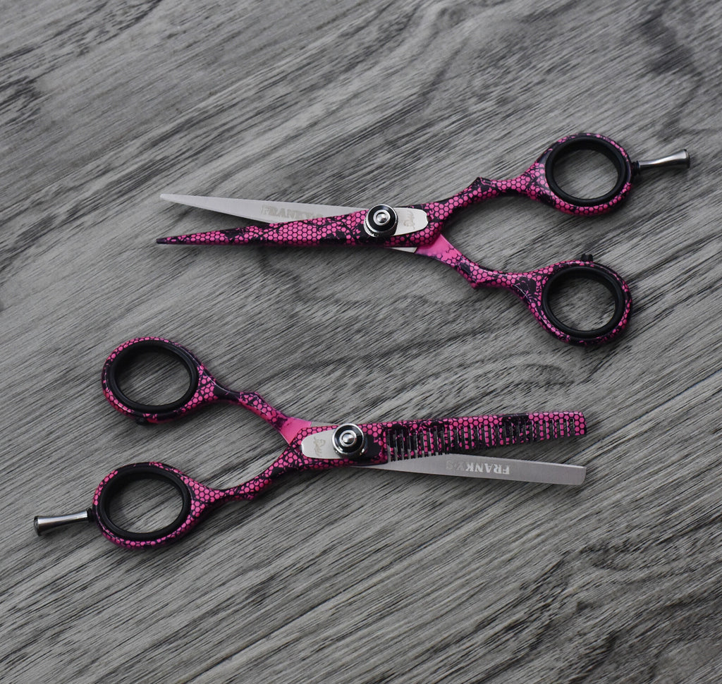 5.5 Inch Professional Hair Cutting & Thinning Scissors Set with Razor and Pouch - Pink