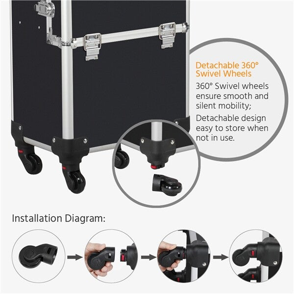 Professional 3-in-1 Makeup Train Case with Wheels and Large Storage