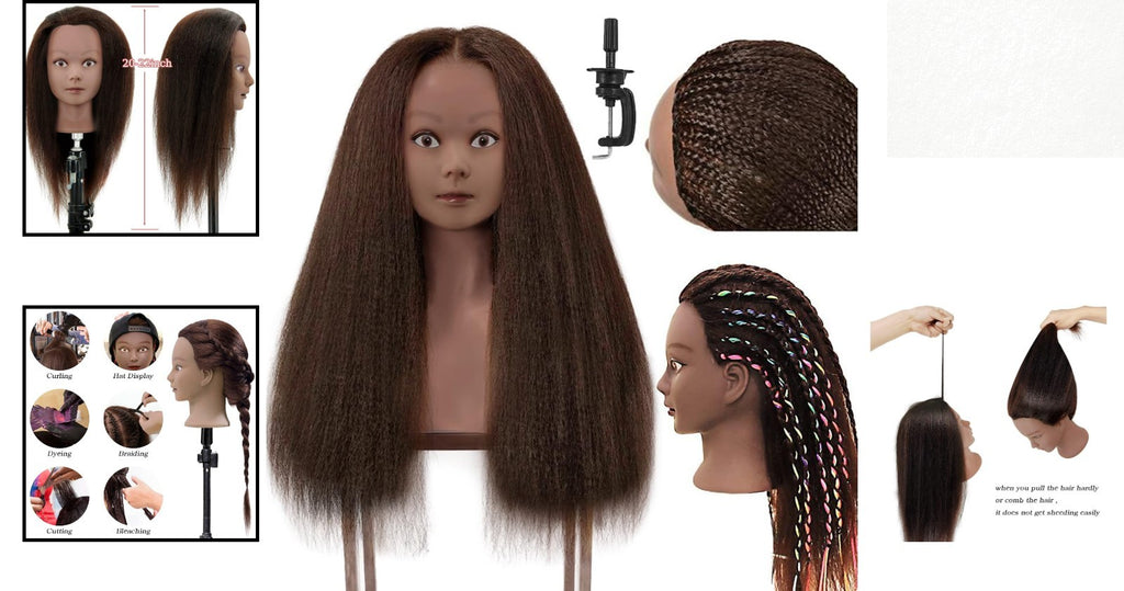 Practice Head with Dark Brown Real Hair for Cosmetology Training - 20-22 Inches