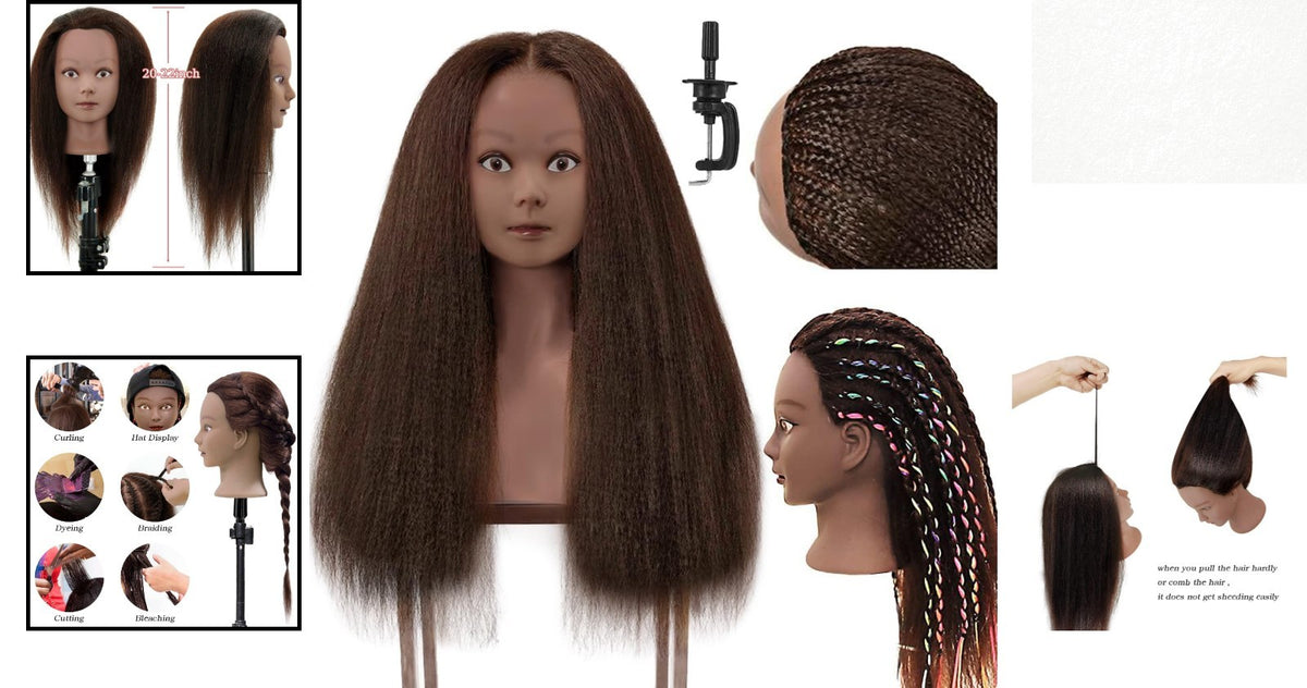Practice Head with Dark Brown Real Hair for Cosmetology Training - 20-22 Inches