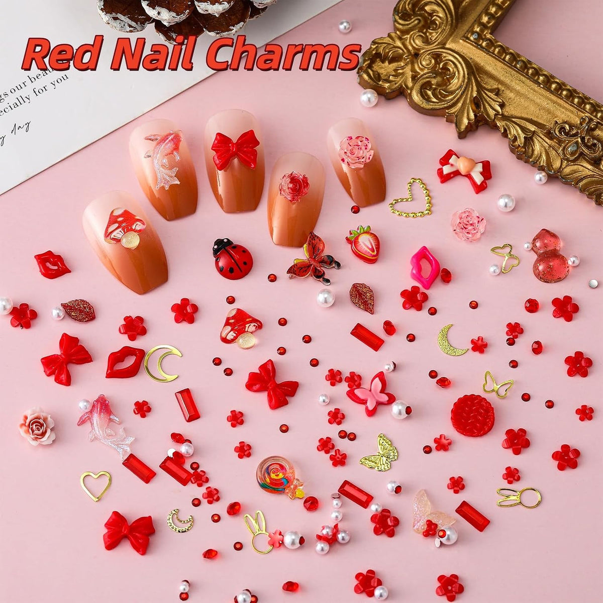 8000Pcs Nail Charms and Gems Set for Nail Art DIY Crafts - Butterfly, Star, Moon, Flowers, Bows, Gold Finish