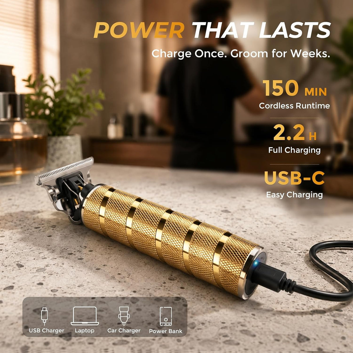 Men's Beard & Hair Trimmer with Titanium T-Blade, Quiet Cordless Edger