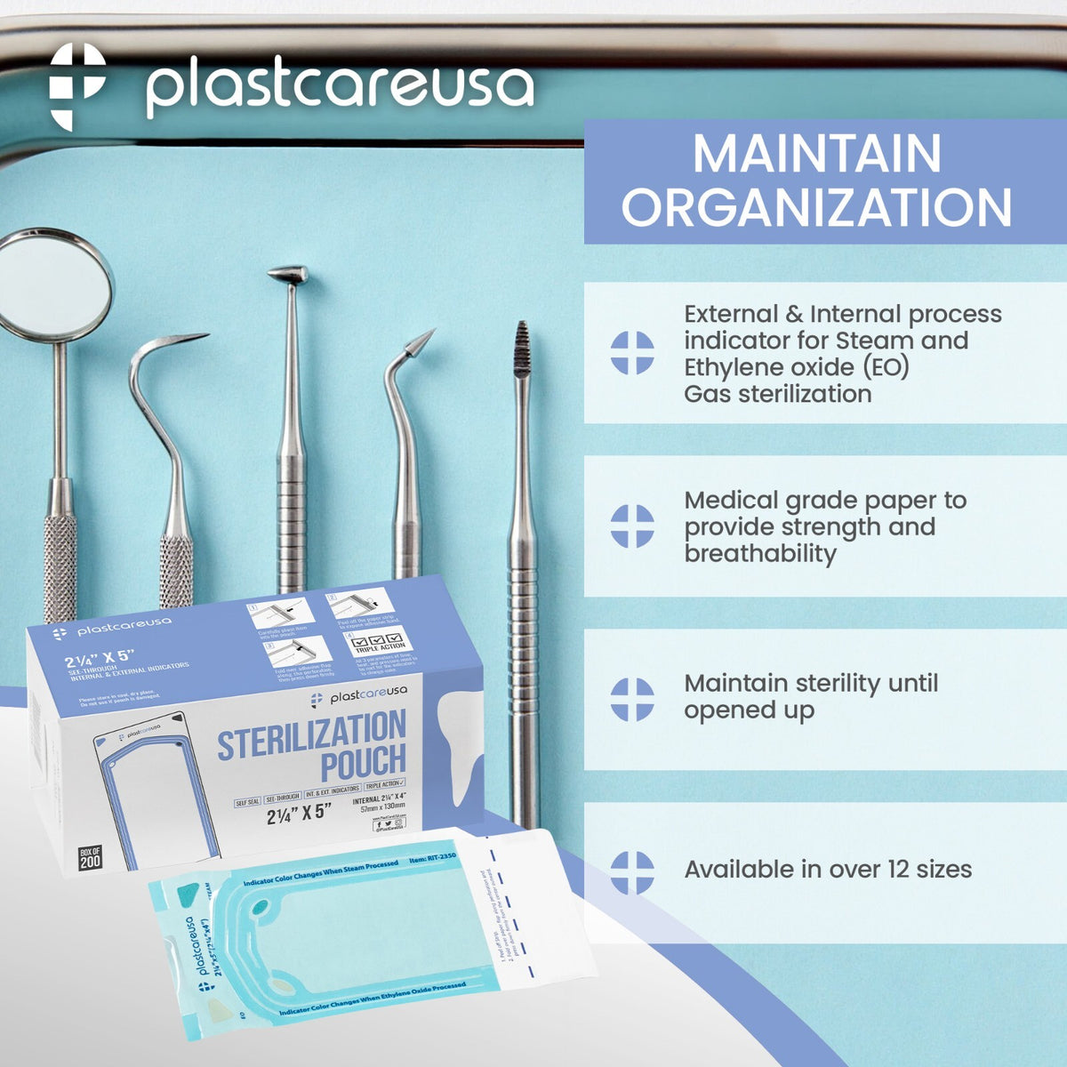 Self-Sealing Sterilization Pouch Bag 2.25x4 In Paper/Blue Film (Box of 200)