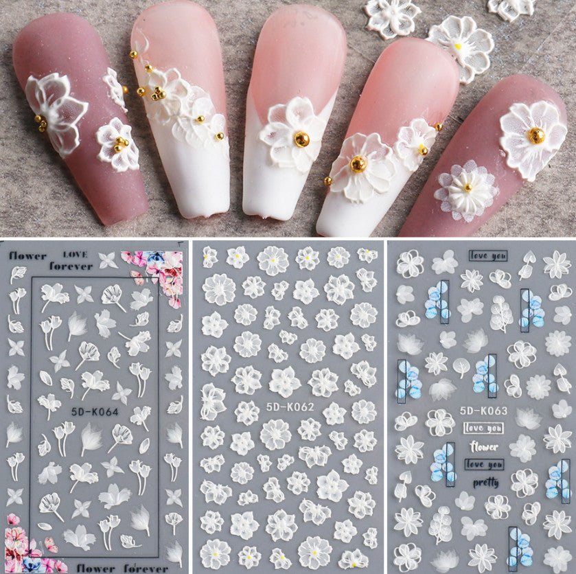 Bridal 5D Nail Art Decoration Stickers - White Lace Flower Wedding Decals