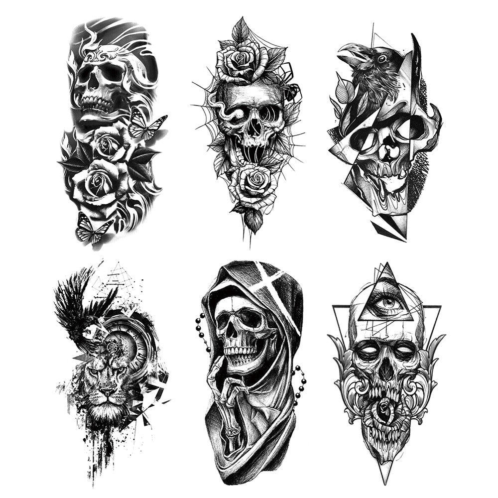 6 Sheets Waterproof Temporary Tattoo Stickers for Arm & Body - Skull Pattern