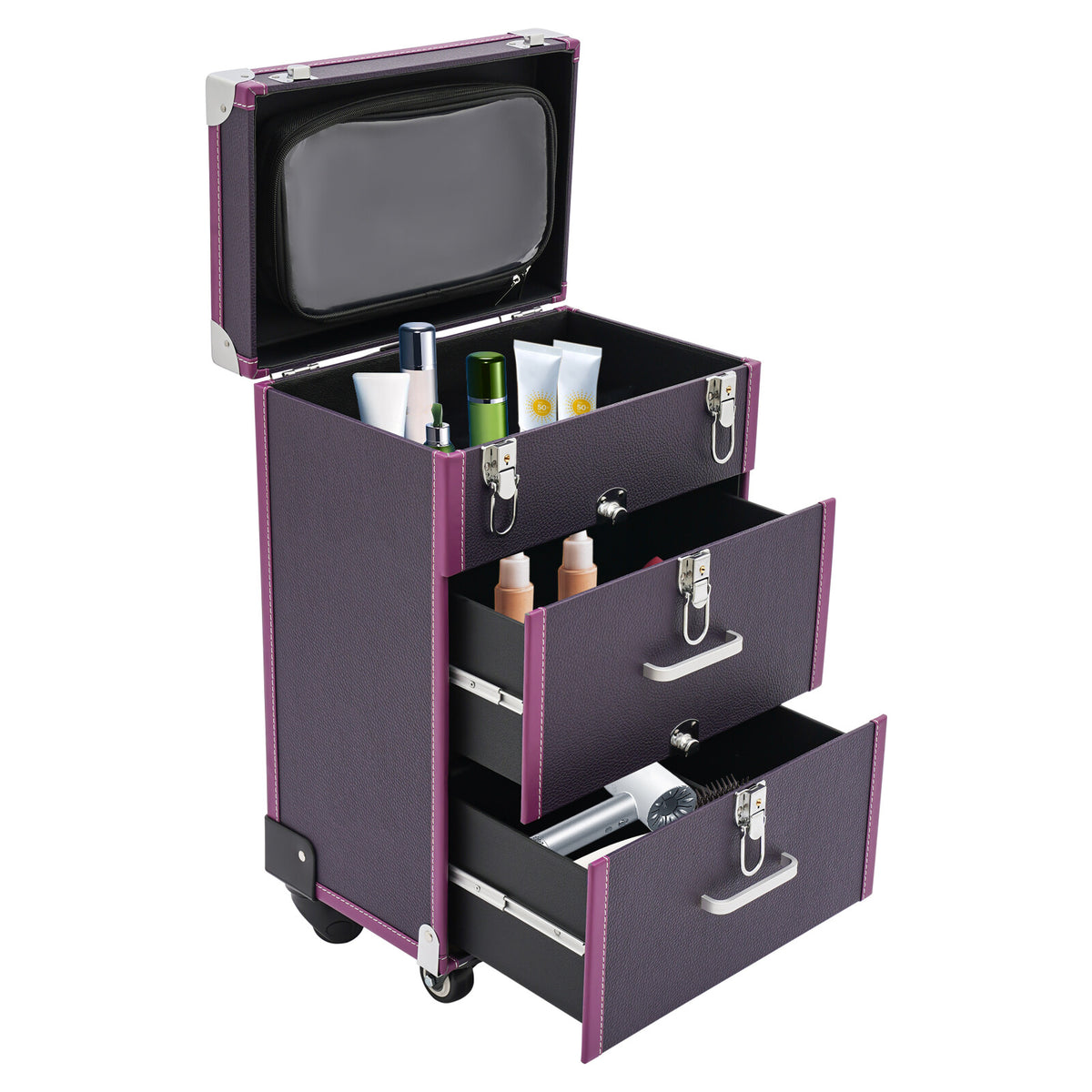Large Waterproof Rolling Makeup Case Trolley with Multiple Compartments