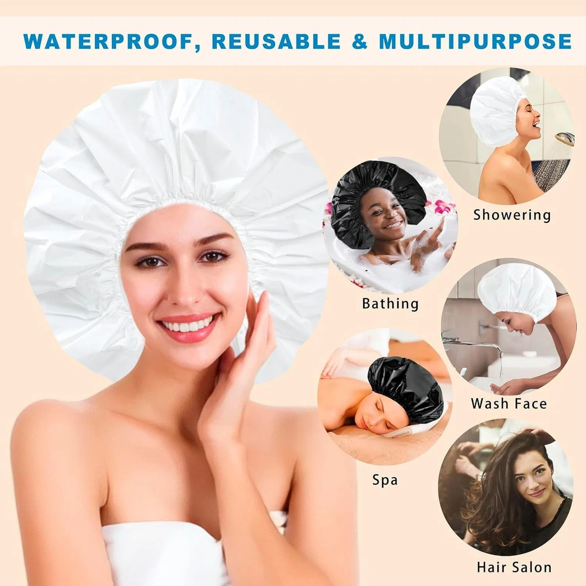 Extra Large Waterproof Shower Cap for Long Curly Hair - Reusable 2-Pack