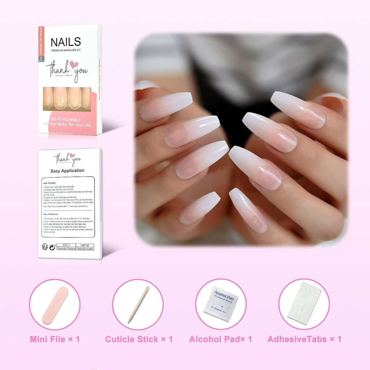 Extra Long Press On False Nails - Ombre Pink Nude White French Ballerina Tips