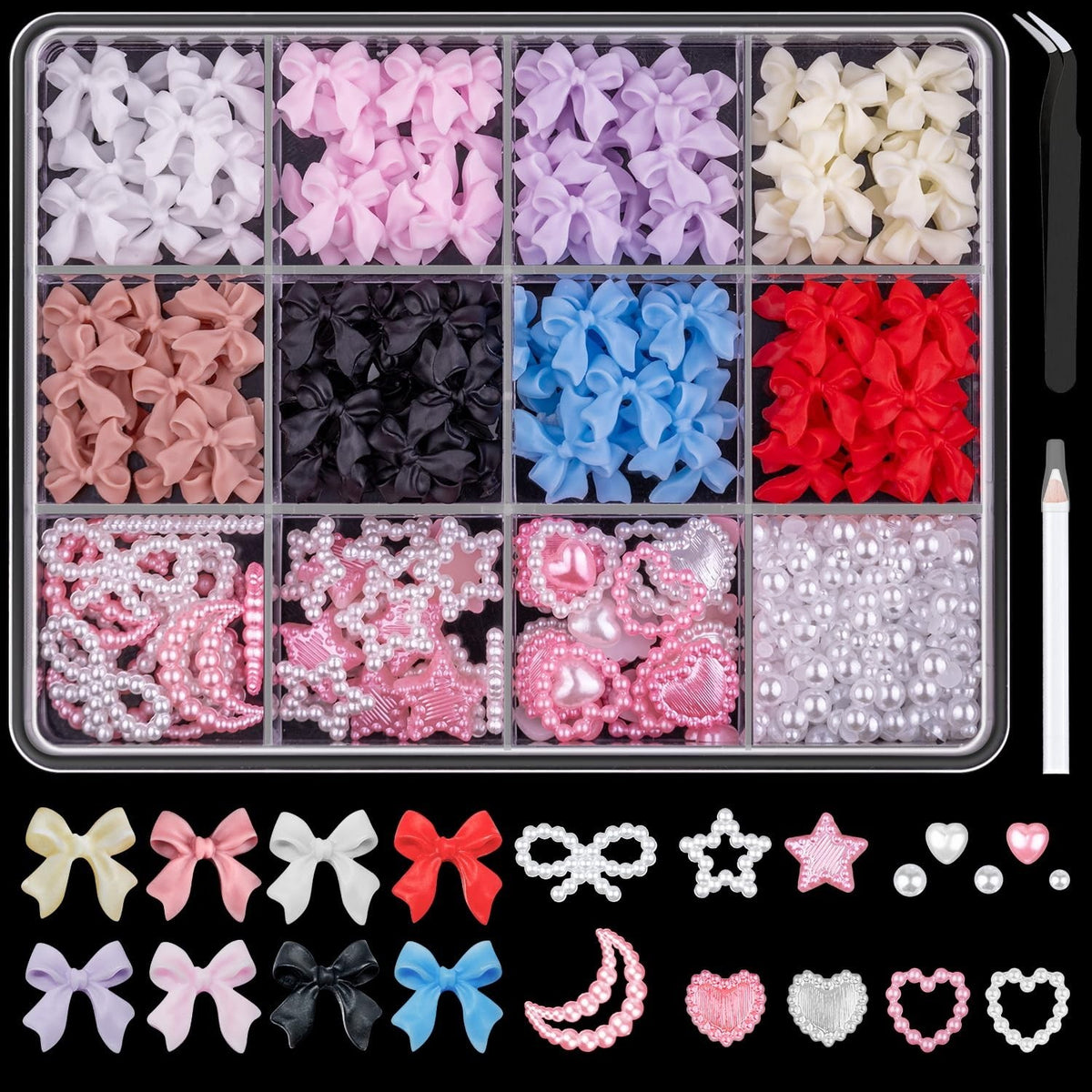 600 Pcs Nail Charms & Flatback Pearls Set for Nail Art - 8 Colors