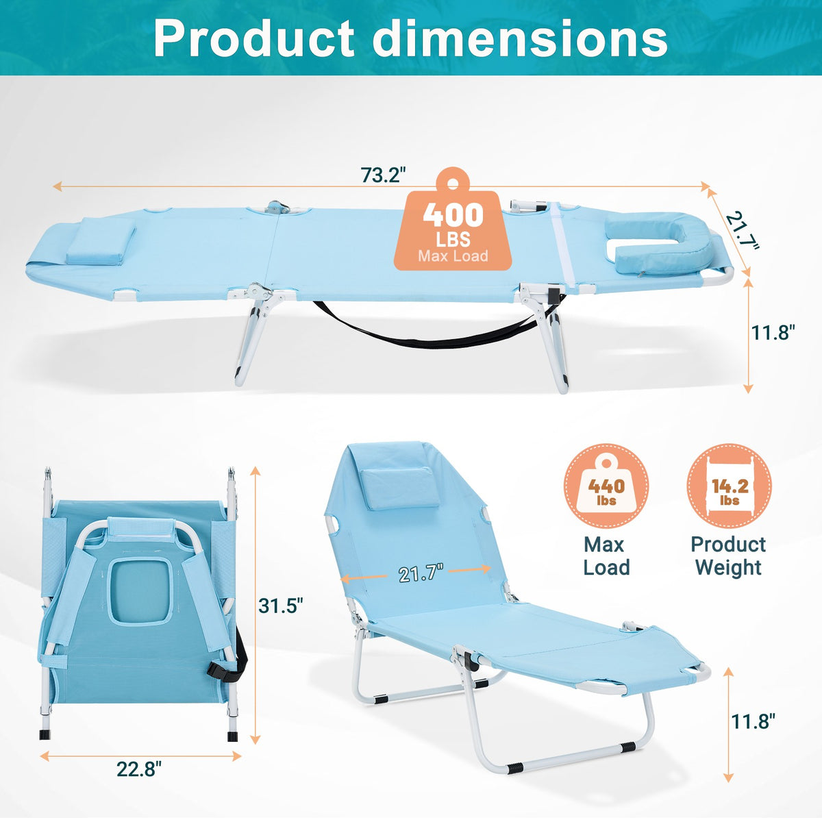 Outdoor Folding Tanning Chair with Face Hole and Mattress, Adjustable Lounger for Sunbathing and Camping