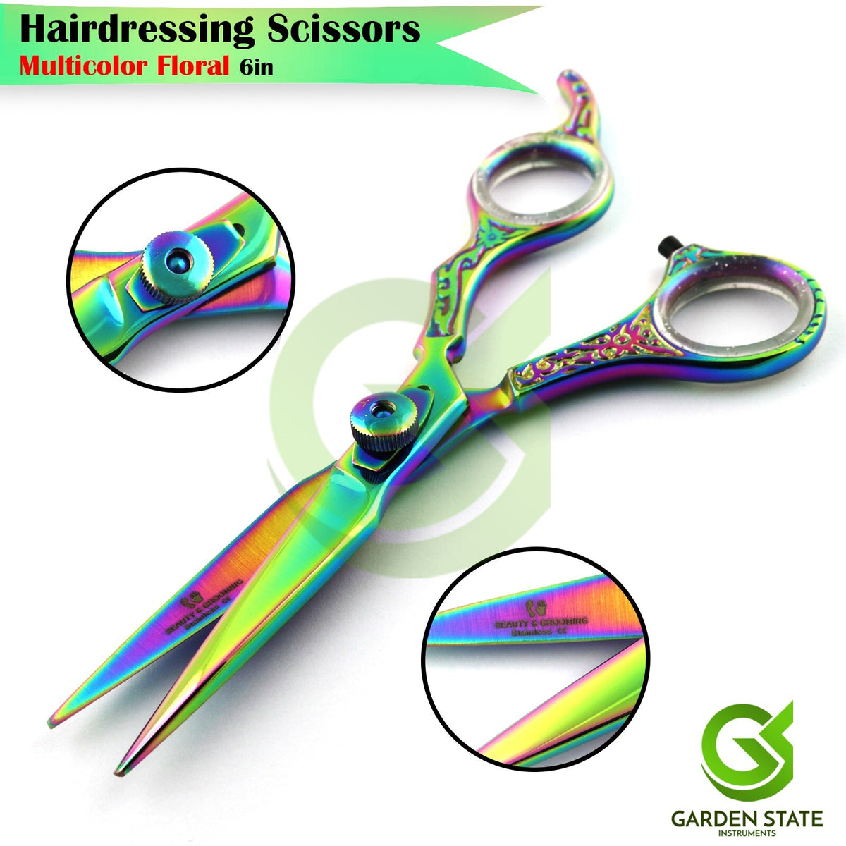 Rainbow Color Hair Cutting Shears - Offset Grip Barber Scissors with Floral Design