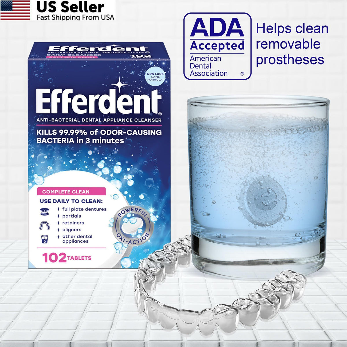 Denture Cleaner Tablets - Complete 5-in-1 Oral Hygiene, 44 Count