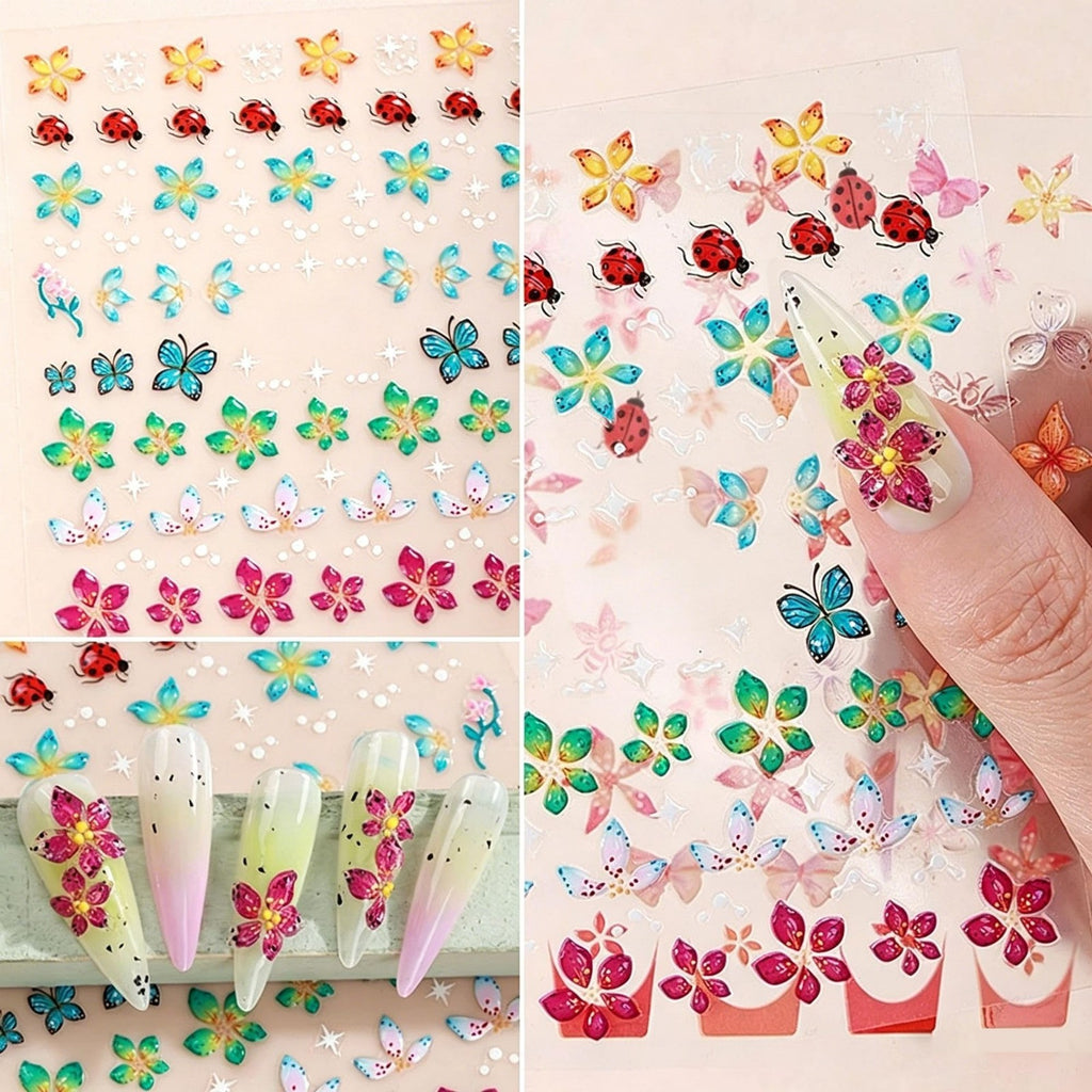 3 Sheets 5D Tropical Floral Nail Art Stickers with Tweezers - Embossed Design