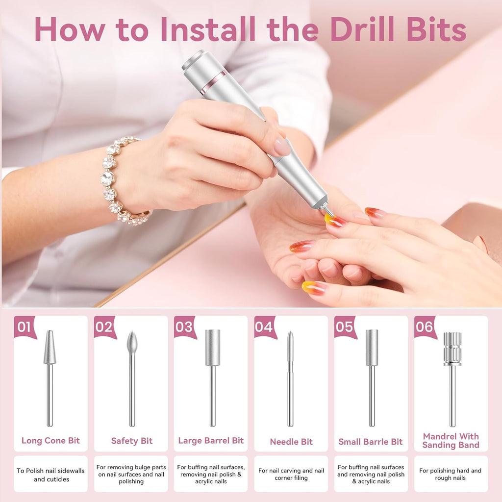 Professional Cordless Nail Drill Machine for Acrylic & Gel Nails - Slow Vibration, Gris