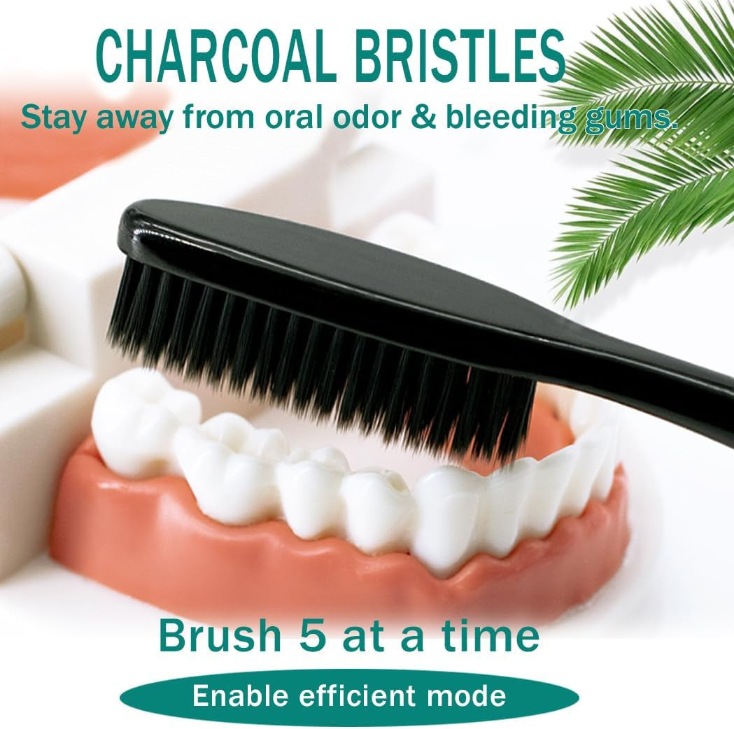 Large Long Head Toothbrush 4-Pack with Charcoal Bristles - Upgraded Firm Oral Care