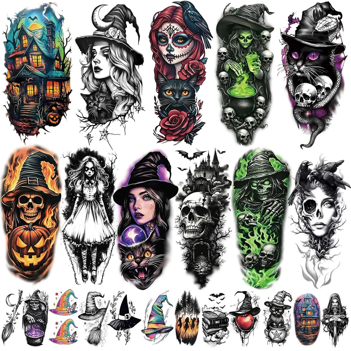 Witch Temporary Tattoos 77 Sheet Set - Skeleton Skull Bats Cauldrons Black Cats For Adults