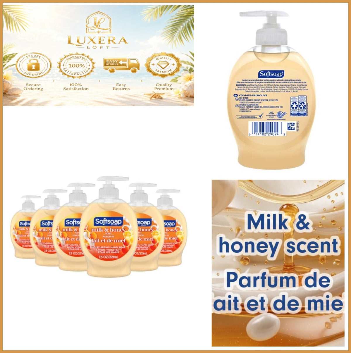 Moisturizing Liquid Hand Soap with Milk and Honey - Pack of 6, 7.5 fl oz Each