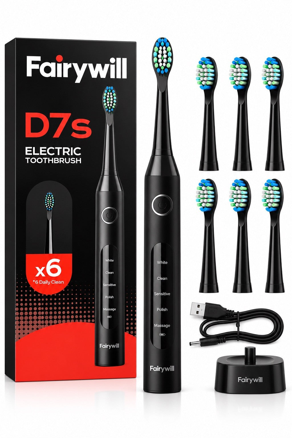 Electric Toothbrush with 5 Modes & 6 Replacement Heads - Waterproof Rechargeable Sonic Brush