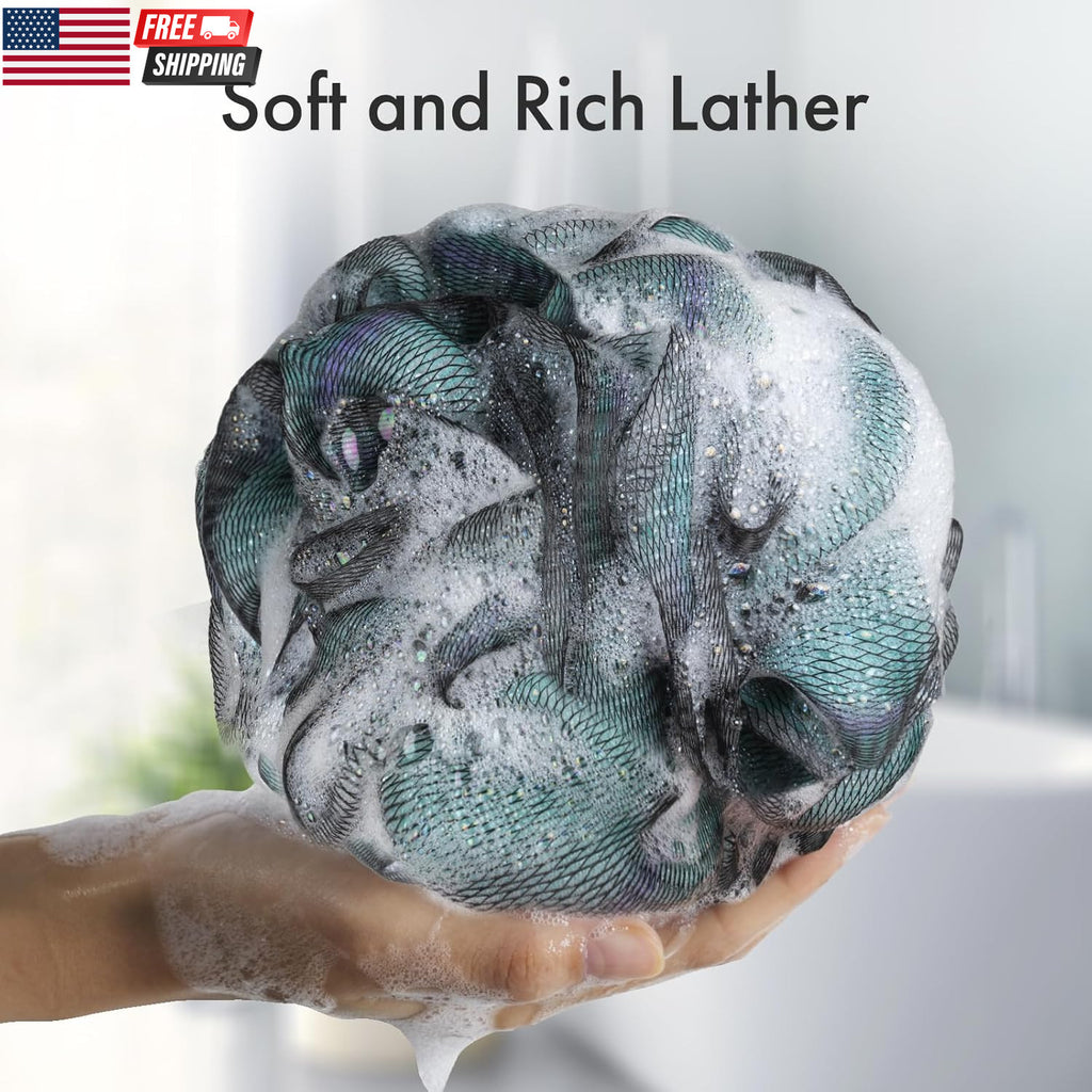 Charcoal Loofah Body Sponge Set of 4 - Exfoliating Shower Loofahs for Men & Women