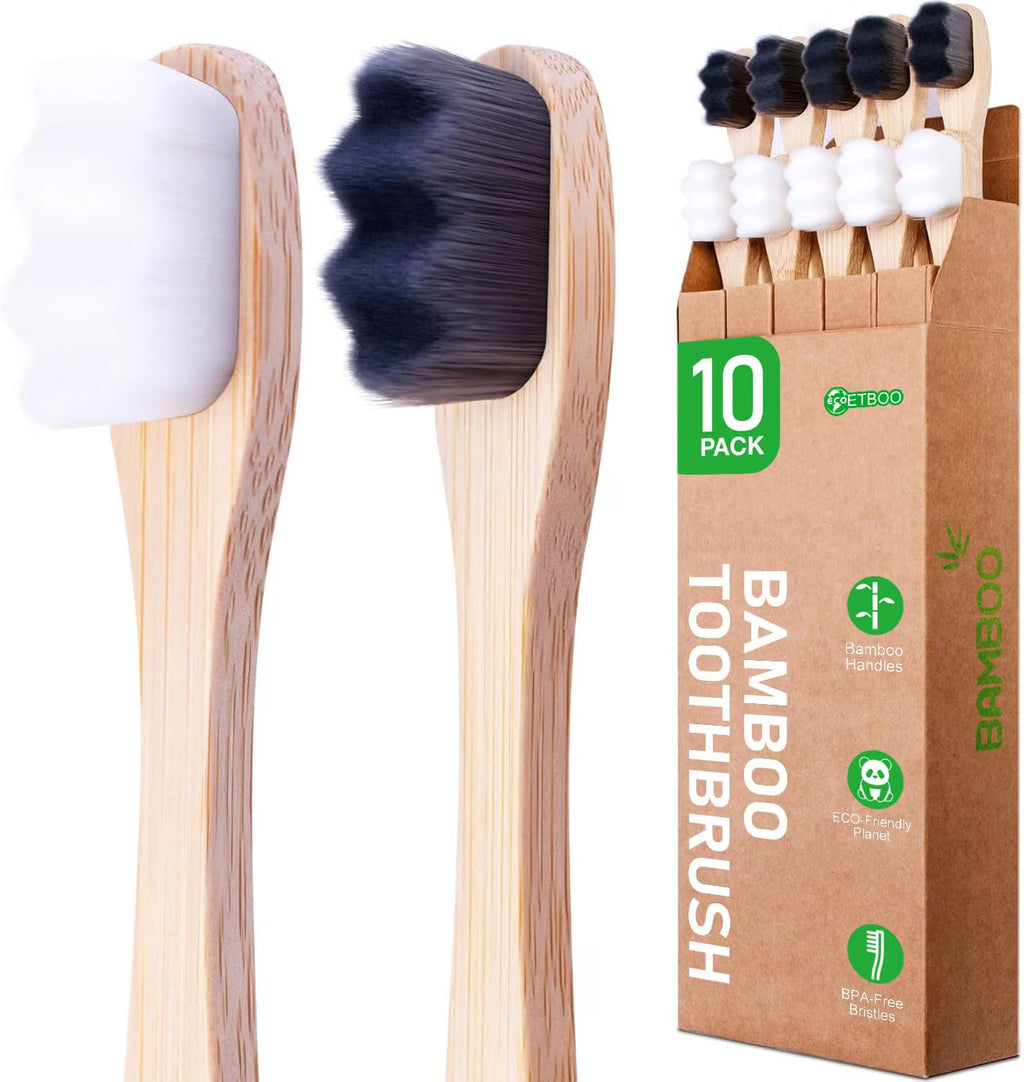 Eco-Friendly Bamboo Toothbrushes 10 Pack with Ultra-Soft Nano Bristles