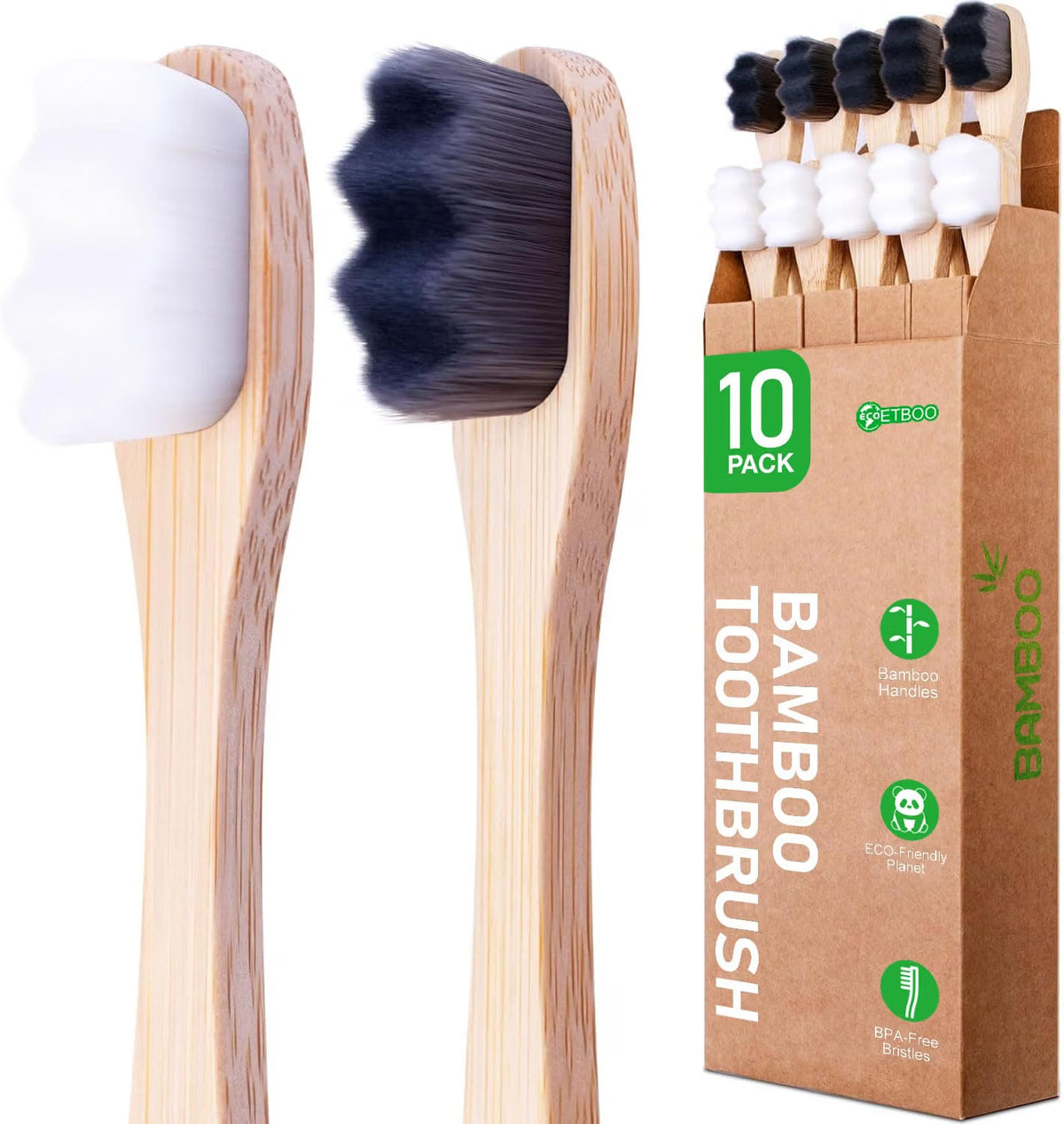 Eco-Friendly Bamboo Toothbrushes 10 Pack with Ultra-Soft Nano Bristles