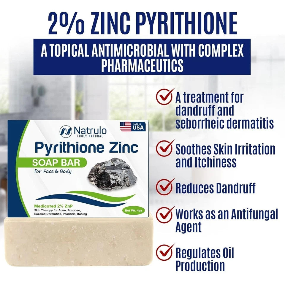 Medicated Pyrithione Zinc Soap Bar for Face & Body - 2% Zinc, 4oz