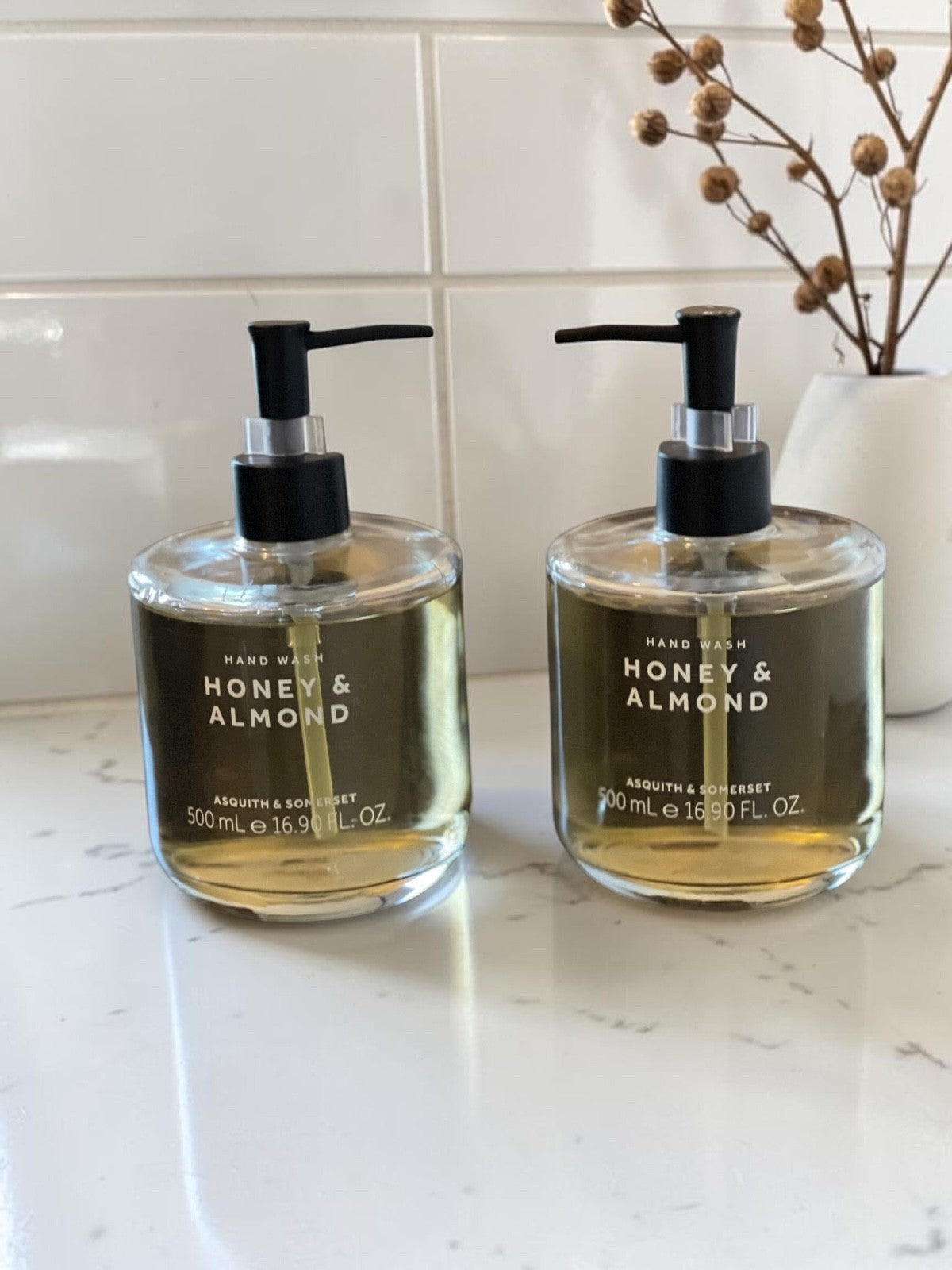Hand Wash Set - Honey & Almond Liquid Soap in Glass Bottles, 2 Pack