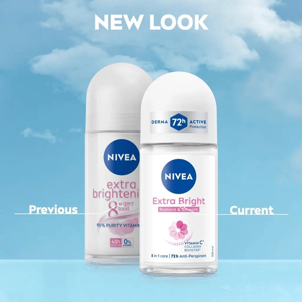 NIVEA Extra Brightening Roll-On Deodorant Pack of 3 - Long-Lasting Freshness