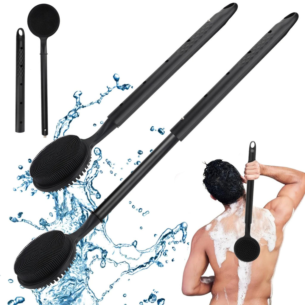 Long Handle Silicone Body Scrubber with Soft Bristles for Shower Exfoliation