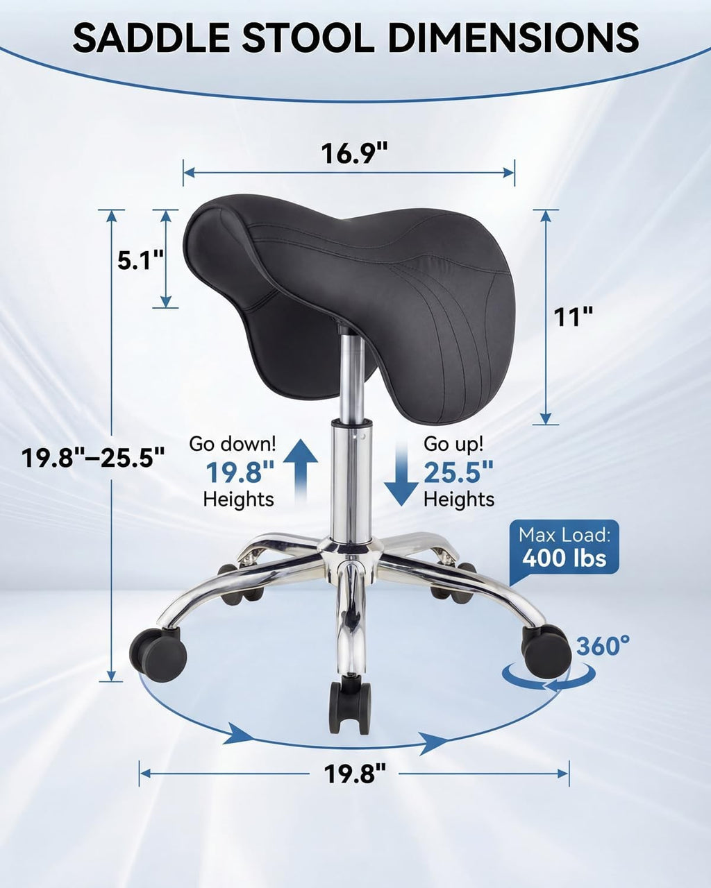 Adjustable Black Saddle Salon Stool with Swivel Wheels & Hydraulic Height