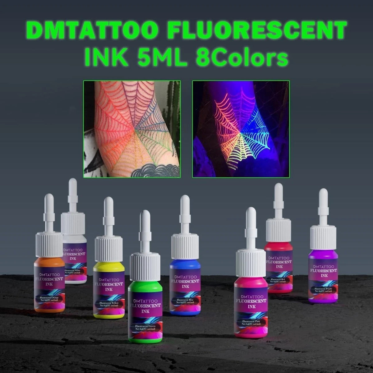 8-Color Fluorescent Tattoo Ink Set - 5ml Each, Skin-Safe Permanent Inks for UV Glow