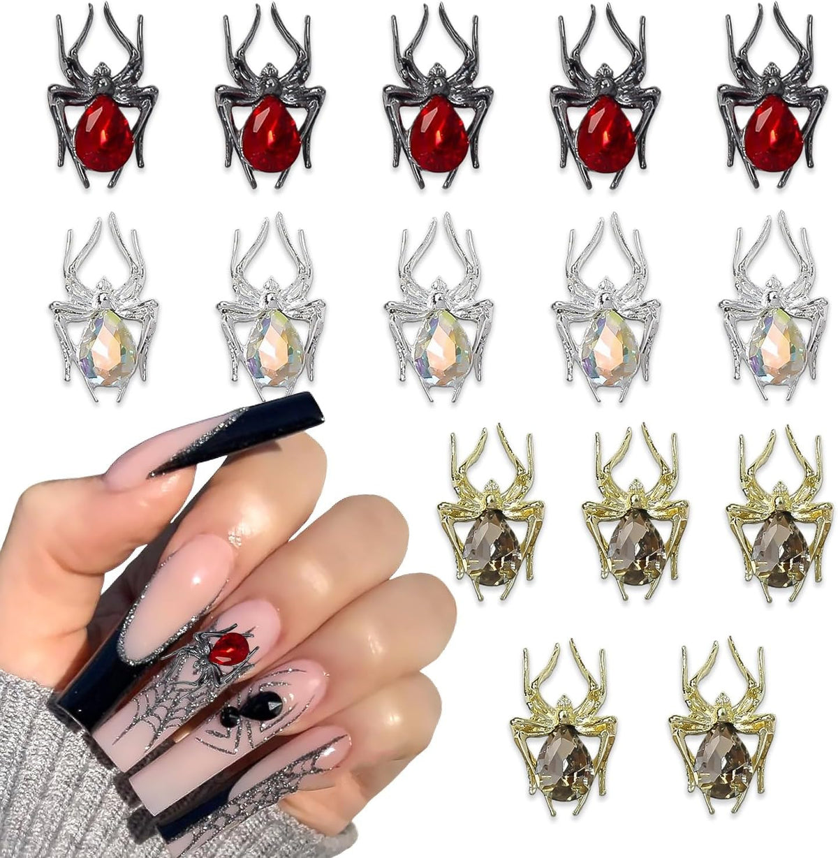 Halloween Nail Charms 15Pcs Metal Spider Rhinestones for Acrylic Nails